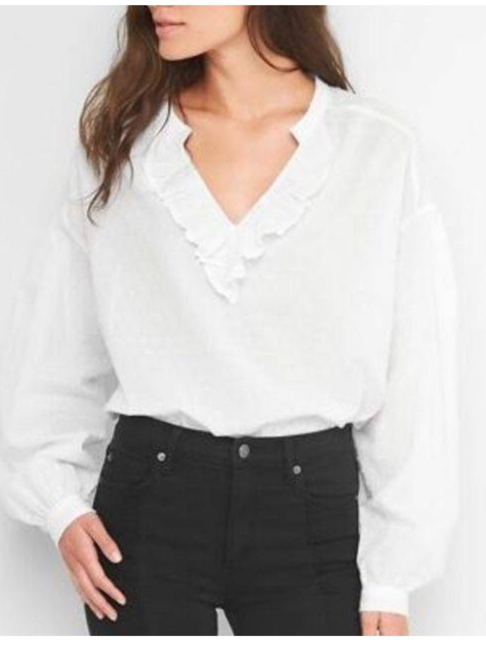 GAP Cotton White Swiss Dot Ruffle V- Neck Long Sleeve Top, Size L